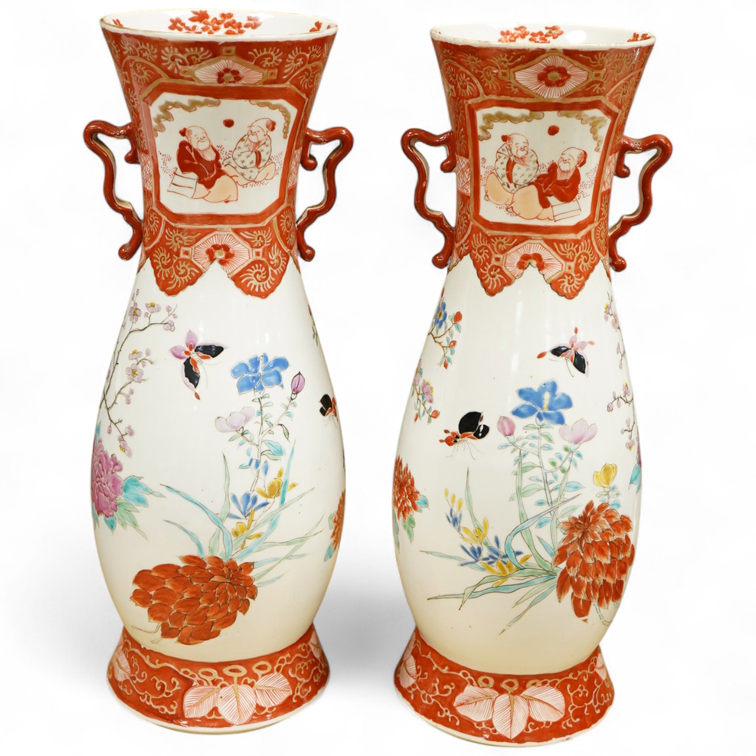 A pair of Japanese Kutani two handled vases, 41cm high